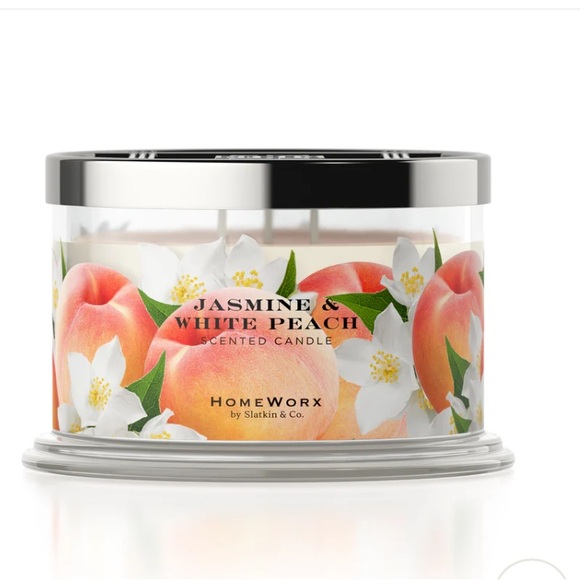 NWT SLATKIN + CO. Candle 3 wick Jasmine & White Peach 14 oz - Picture 2 of 6